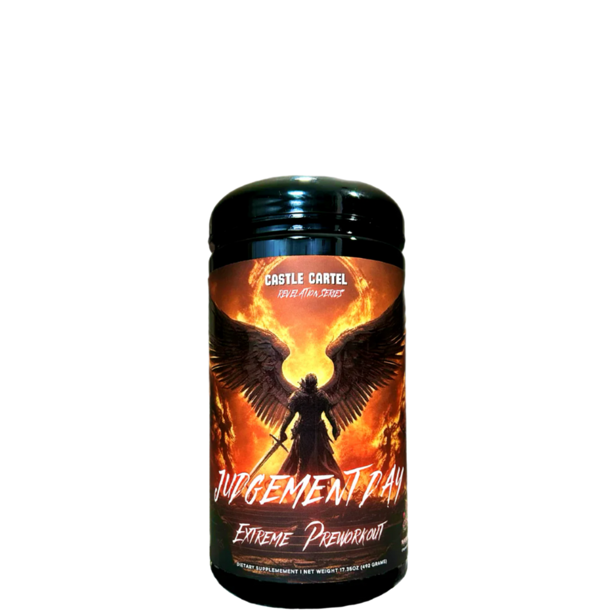 A container of Judgement Day Extreme Preworkout by Castle Cartel with a black background featuring an illustration of a winged figure.