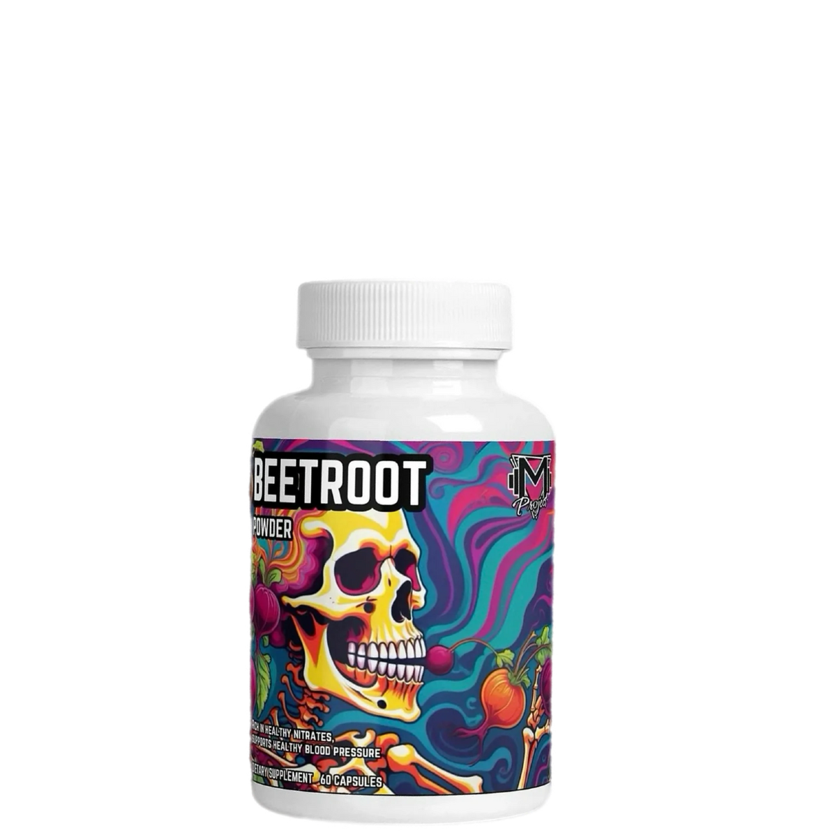 A bottle of Beetroot Powder by Project M with colorful label featuring a skull and beetroot illustrations.