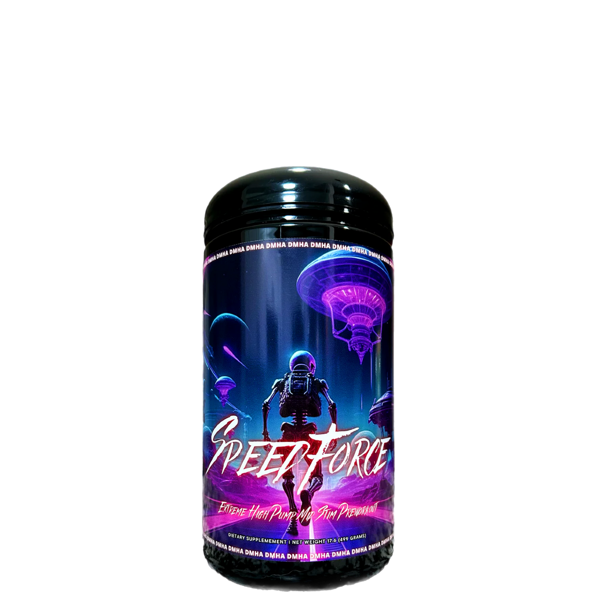 A container of Speed Force Extreme High Pump Mid Stim Pre-Workout by Project M with a colorful design featuring a character and text.