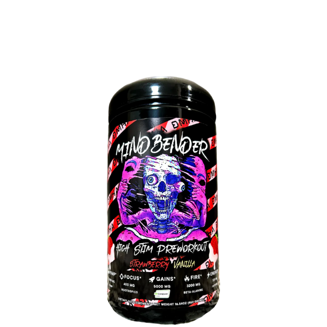 A container of MINDBENDER 7.0 Nootropic High Stim Pre-Workout with Creapure, featuring a black and red design with a skull graphic and product information.