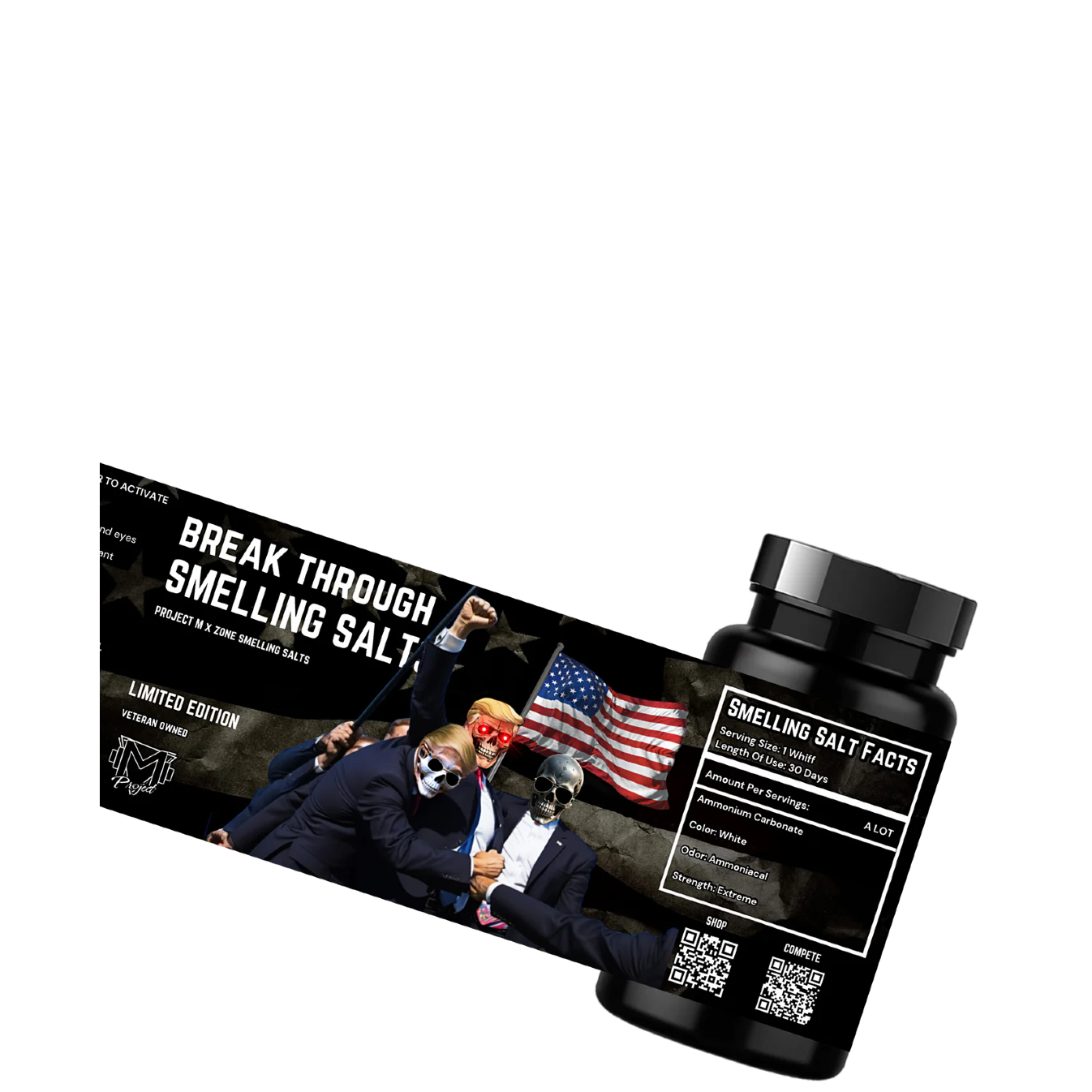 A product image featuring a bottle of 'BREAK THROUGH Smelling Salts' with a limited edition label, an American flag, and a QR code.