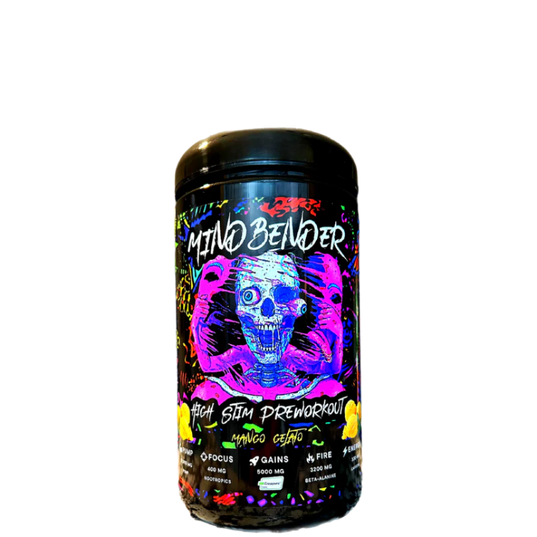 Pre-workout supplement container with colorful design on white background