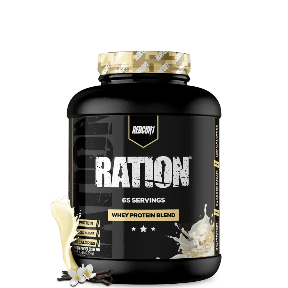 Ration whey protein tub next to a protein shaker