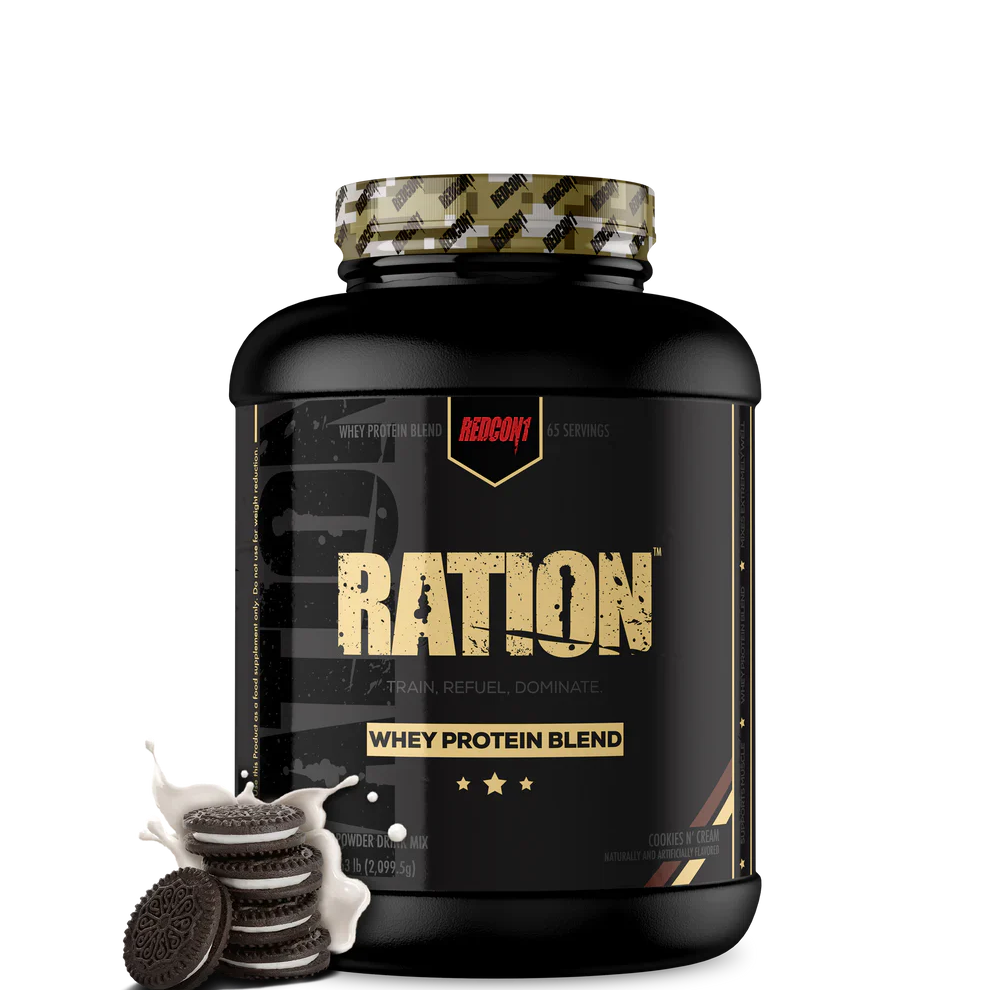 Ration whey protein tub next to a protein shaker