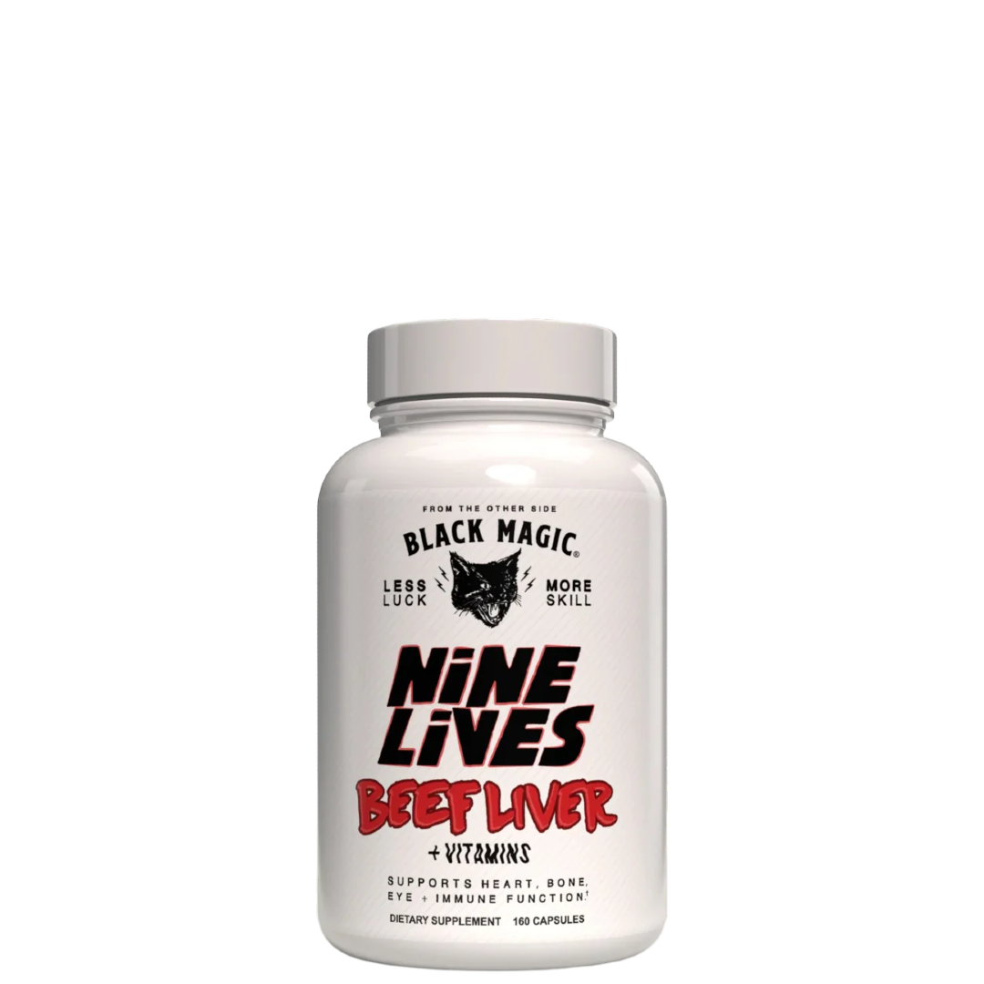 A bottle of Nine Lives Beef Liver + Vitamins supplement by Black Magic.