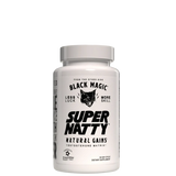 A white bottle with a black label featuring the product name 'Super Natty' and the brand 'Black Magic'. The label also includes the tagline 'Natural Gains' and mentions 'Testosterone Booster'.