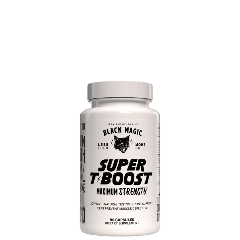A bottle of Black Magic Supply Super T-Boost maximum strength supplement with white and black labeling.