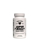 A bottle of Black Magic Supply Super T-Boost maximum strength supplement with white and black labeling.