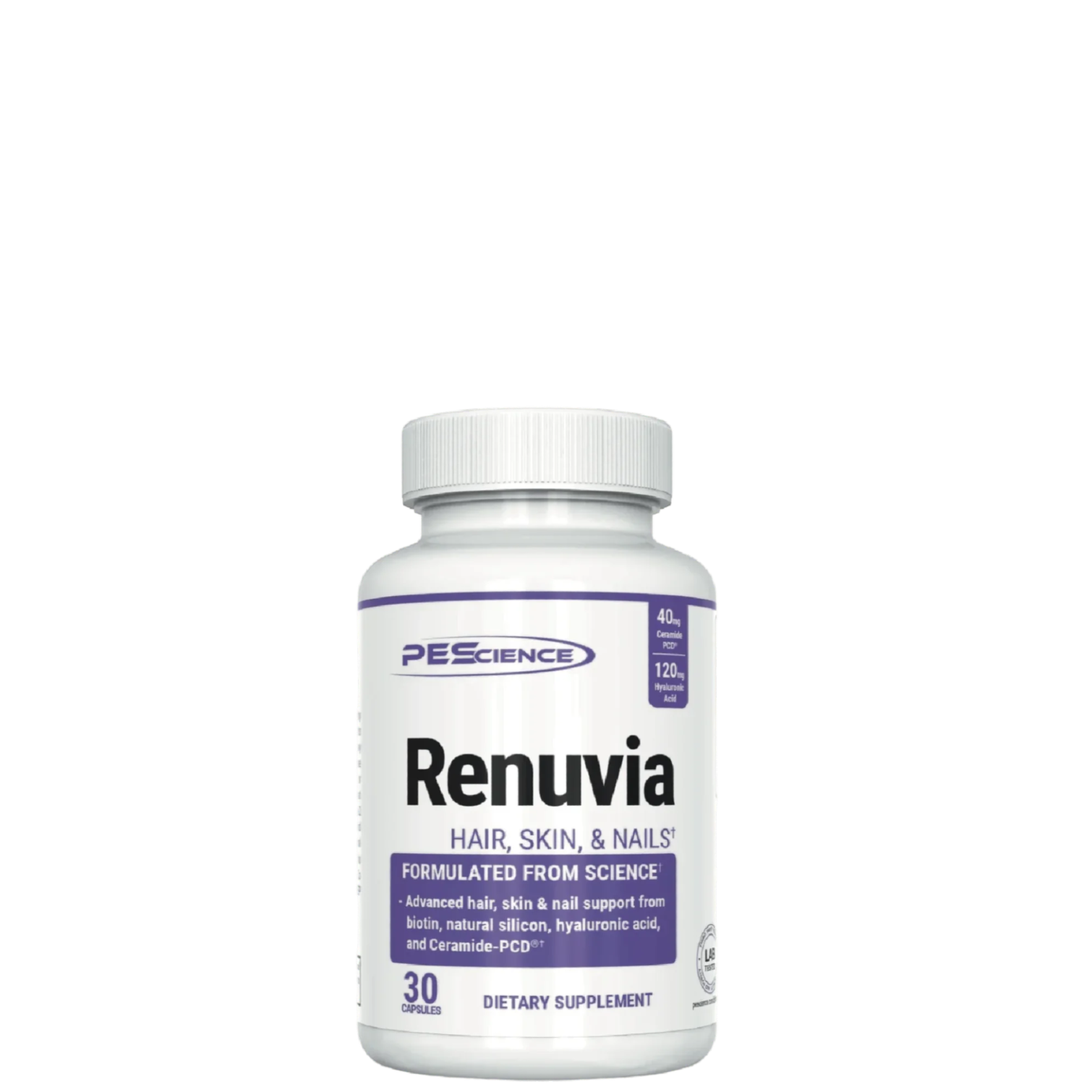 A bottle of Renuvia Hair Skin & Nails dietary supplement with 30 capsules, formulated from science with ingredients like Ceramides, Hyaluronic Acid, Biotin, and natural silicon.