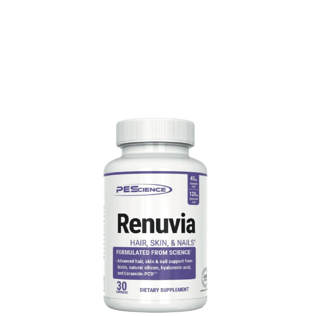 A bottle of Renuvia Hair Skin & Nails dietary supplement with 30 capsules, formulated from science with ingredients like Ceramides, Hyaluronic Acid, Biotin, and natural silicon.