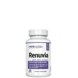 A bottle of Renuvia Hair Skin & Nails dietary supplement with 30 capsules, formulated from science with ingredients like Ceramides, Hyaluronic Acid, Biotin, and natural silicon.