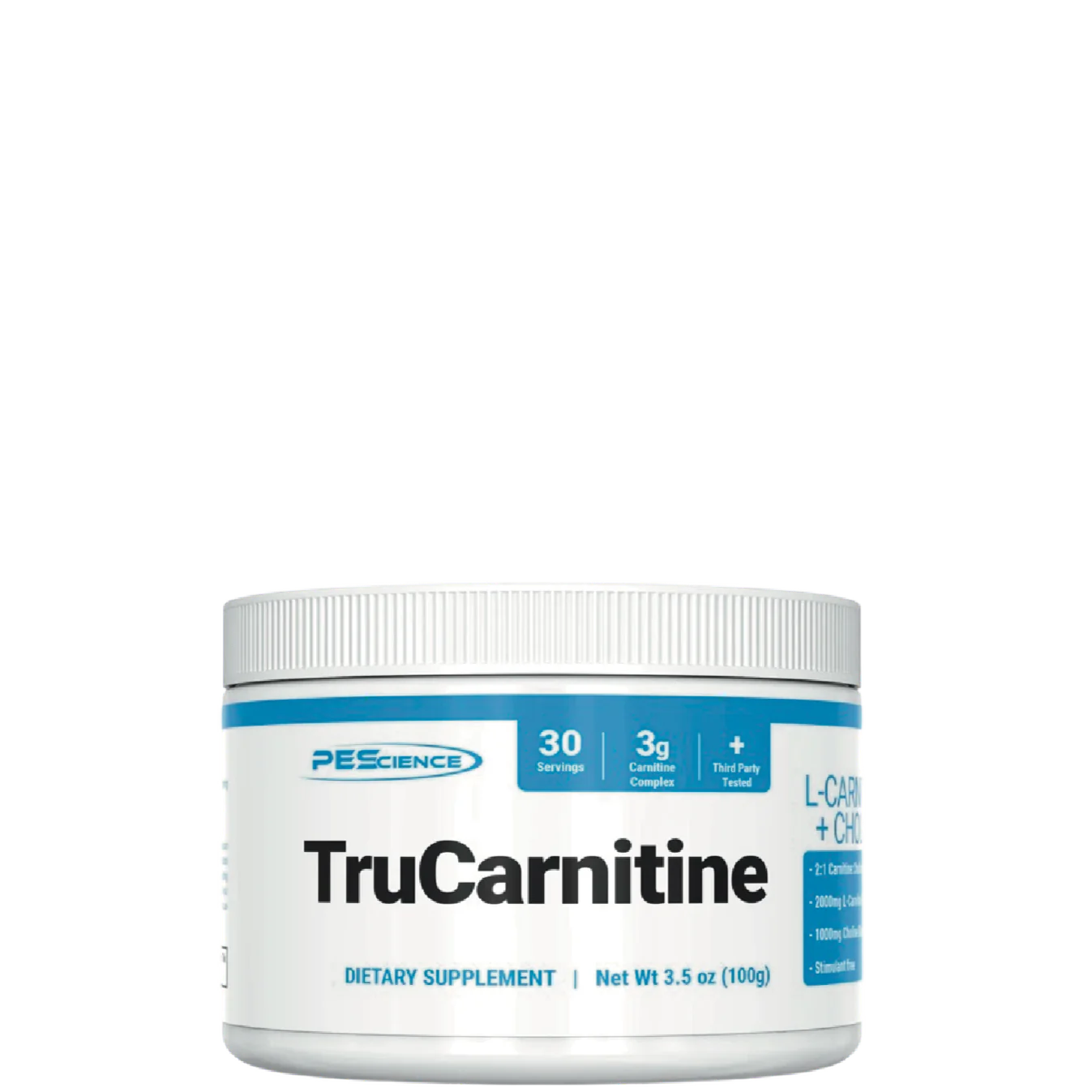 A container of TruCarnitine Powder by PEScience with product information and branding visible.