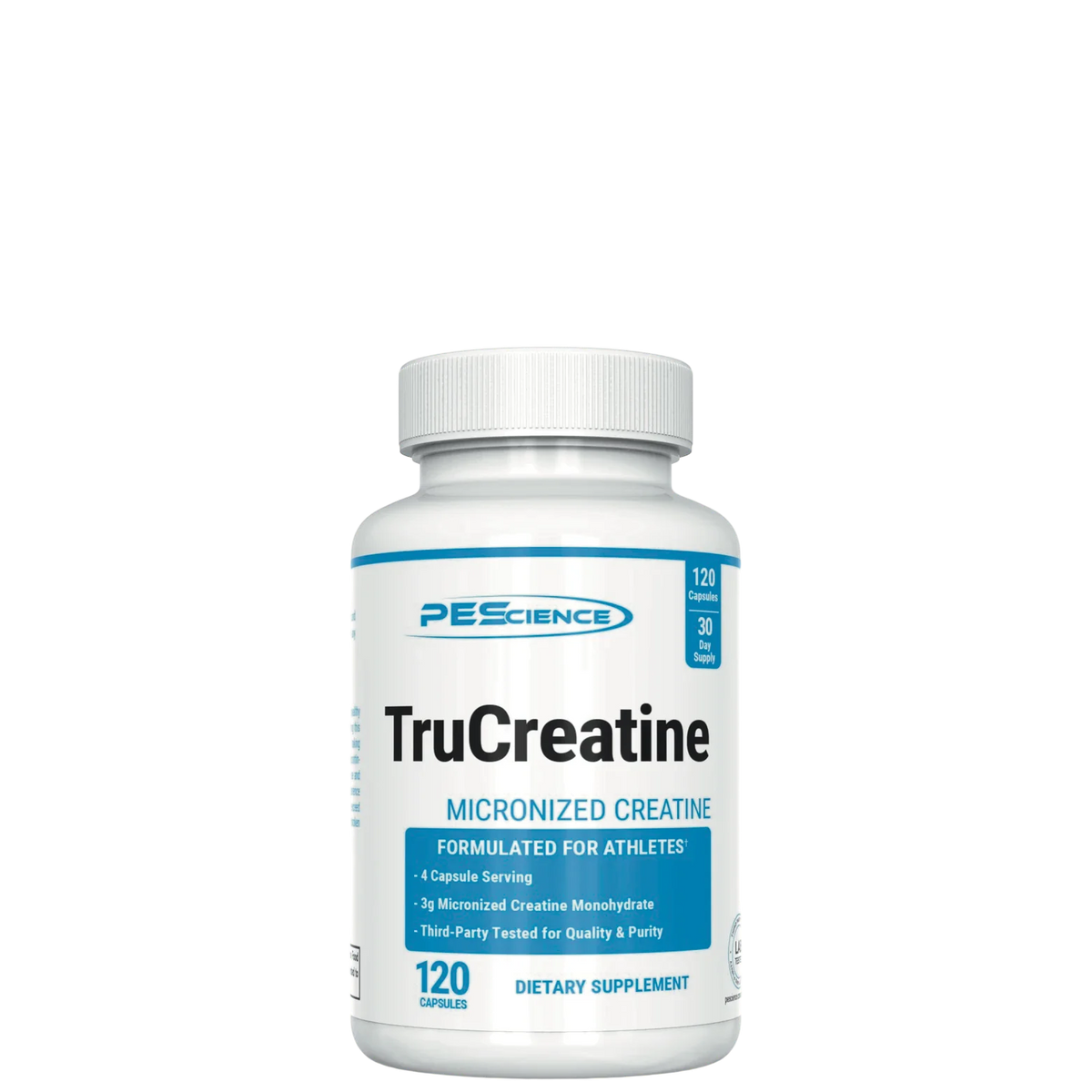 A bottle of TruCreatine Capsules by PEScience, with the label displaying the product name and the statement 'Micronized Creatine'. The bottle contains 120 capsules intended for athletic use.
