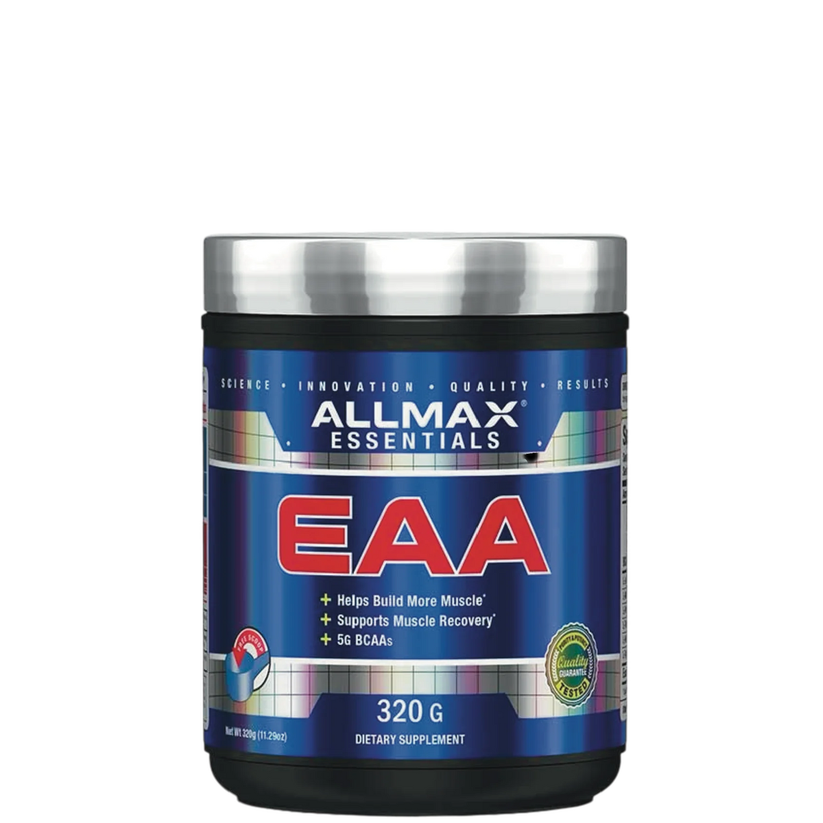 A container of Allmax Essentials EAA (Essential Amino Acids) supplement, primarily blue and white in color.