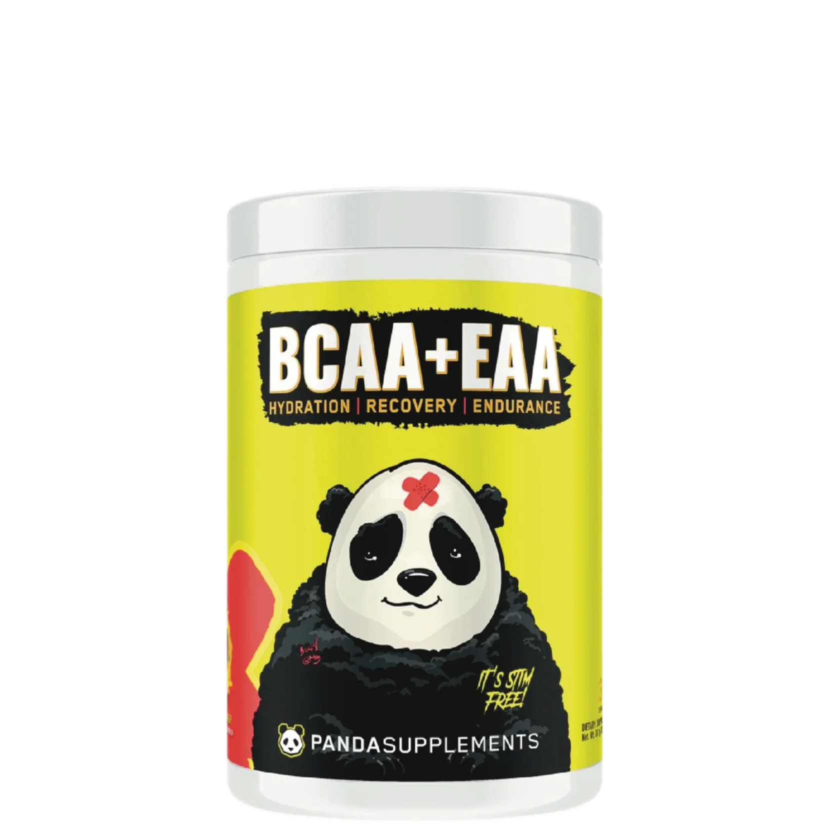 A container of Panda Supps BCAA + EAA + HYDRATION supplement powder with an illustration of a panda on the label.