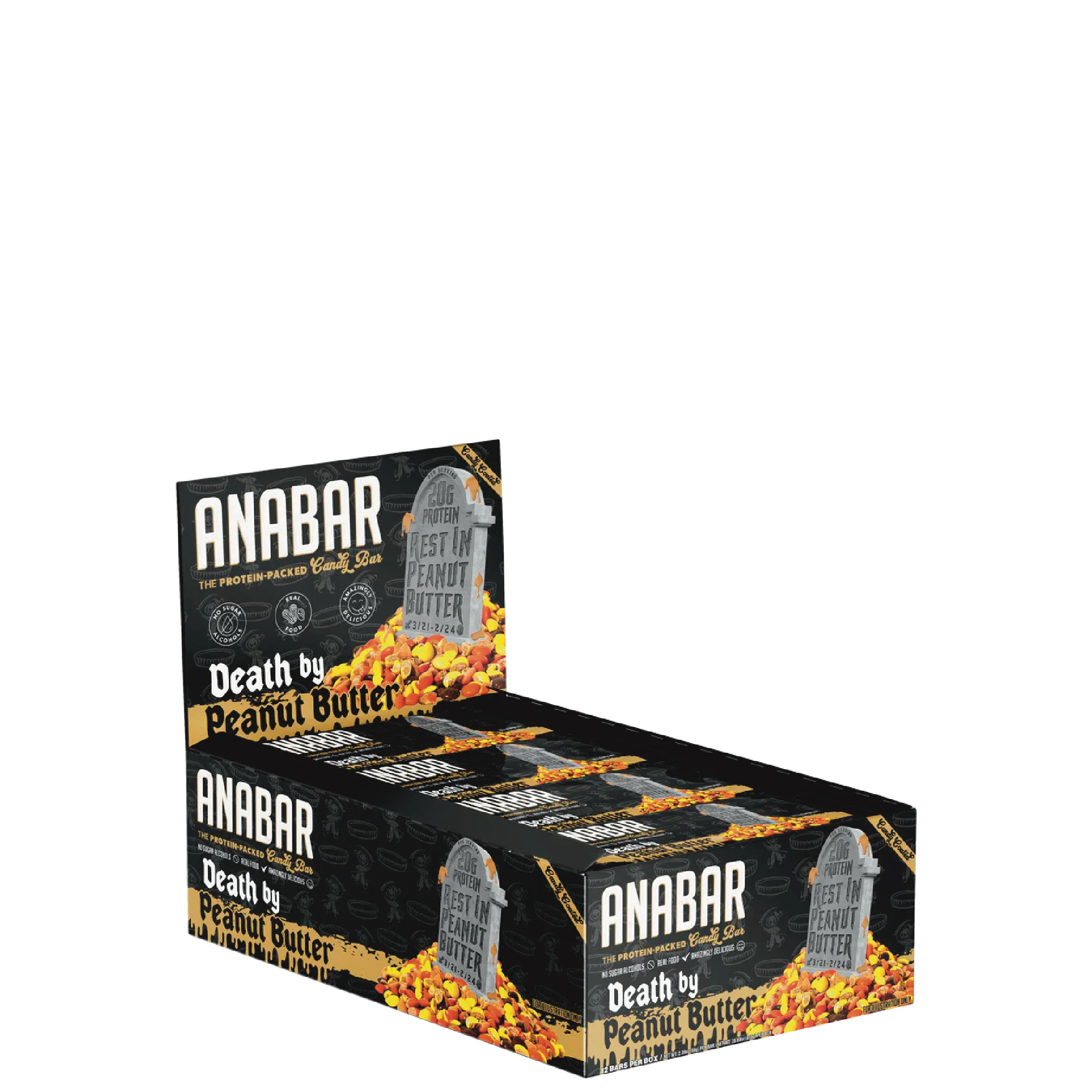 A box of ANABAR protein bars in a peanut butter flavor, with packaging that features the brand name and the flavor, against a dark background.