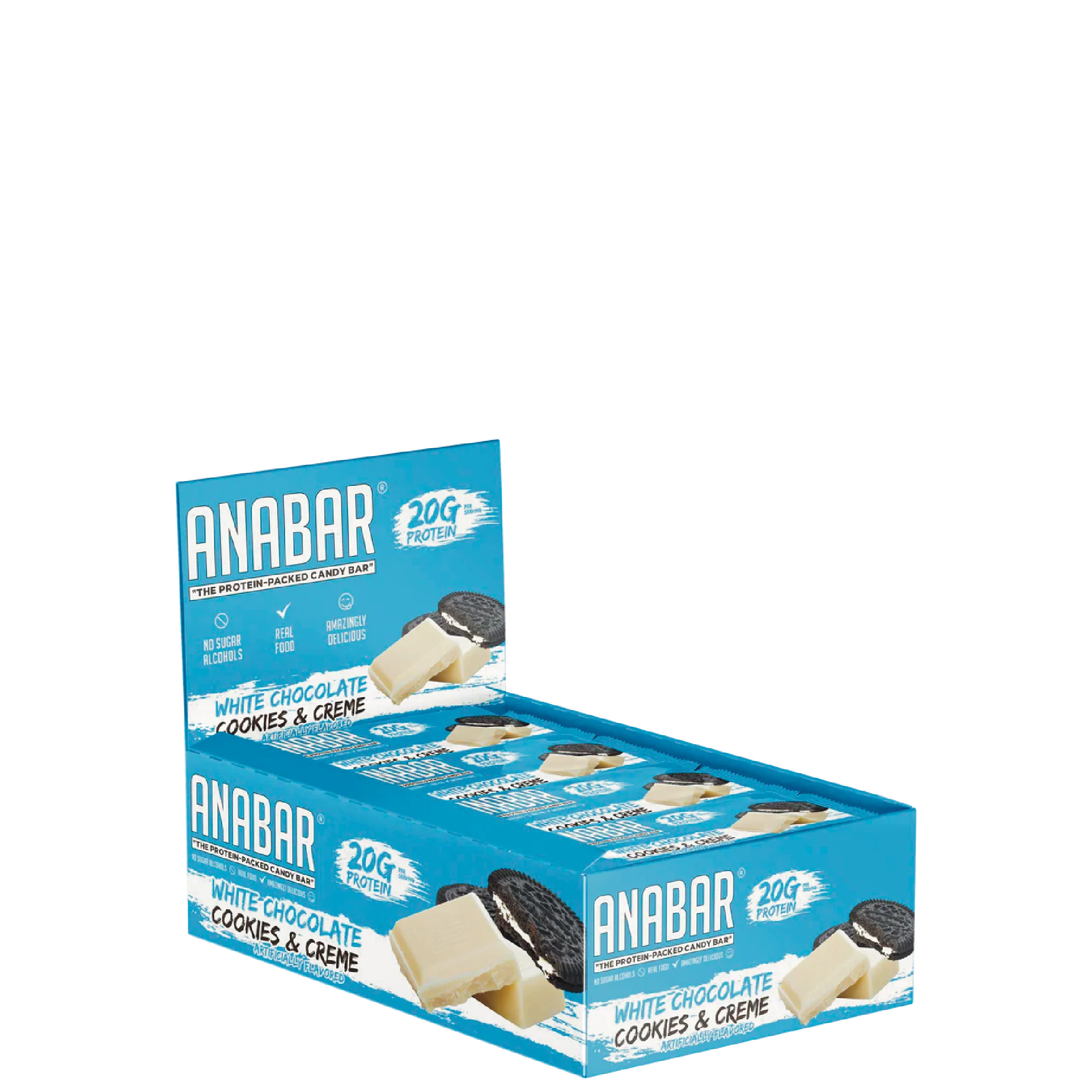 A box of ANABAR protein bars in a peanut butter flavor, with packaging that features the brand name and the flavor, against a dark background.
