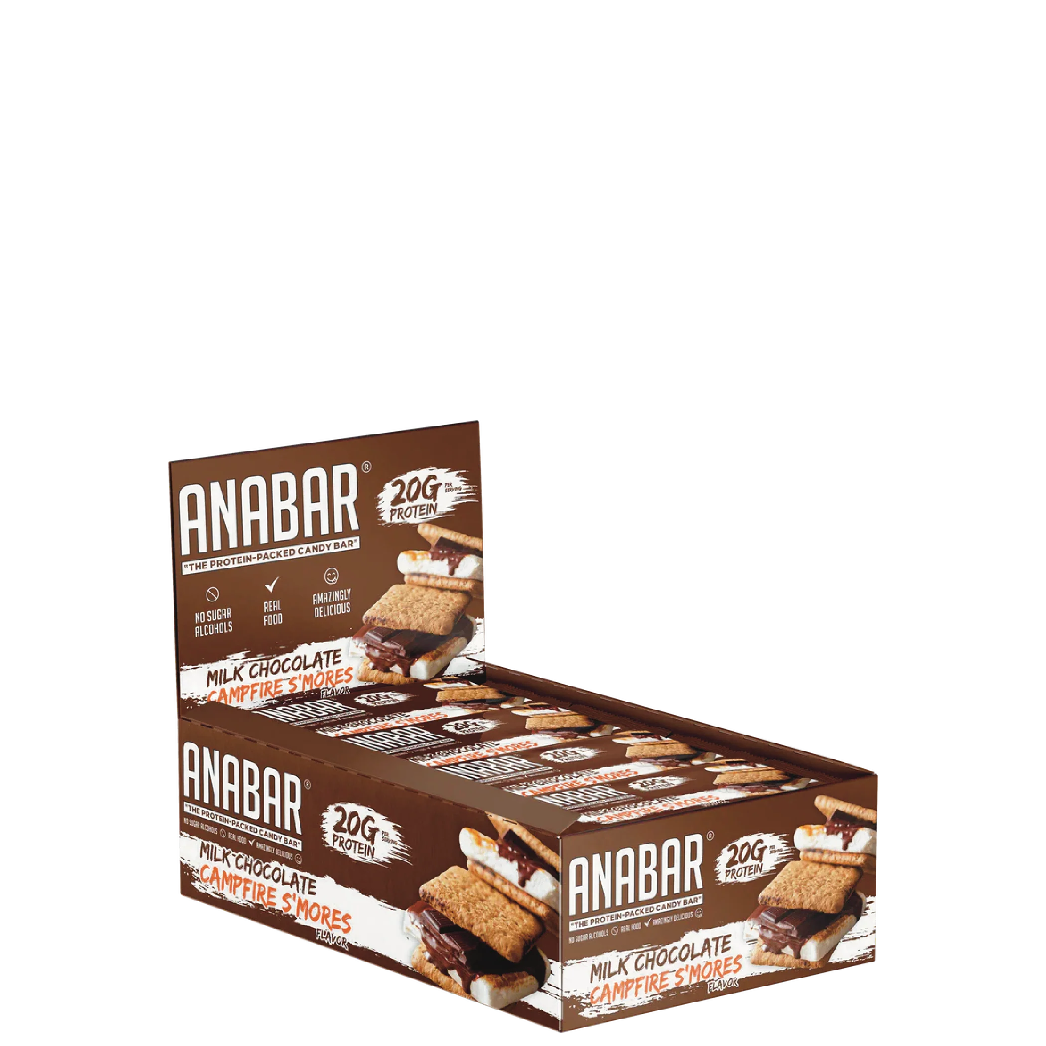A box of ANABAR protein bars in a peanut butter flavor, with packaging that features the brand name and the flavor, against a dark background.