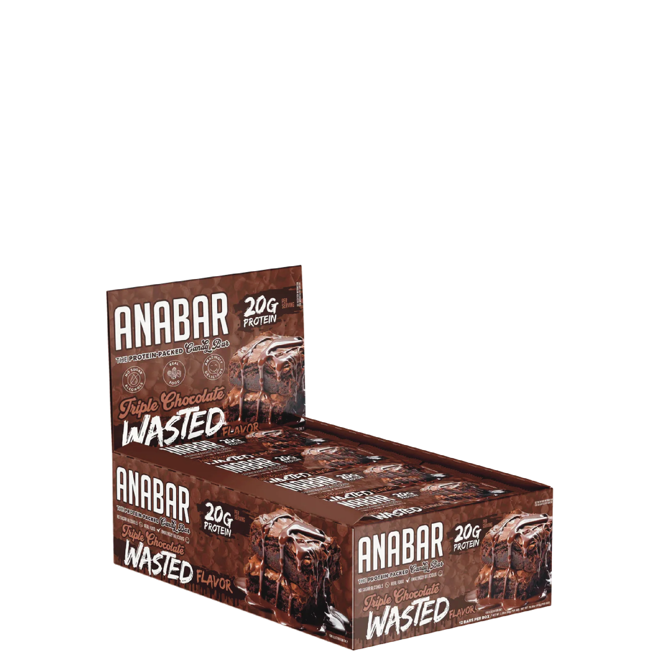 A box of ANABAR protein bars in a peanut butter flavor, with packaging that features the brand name and the flavor, against a dark background.