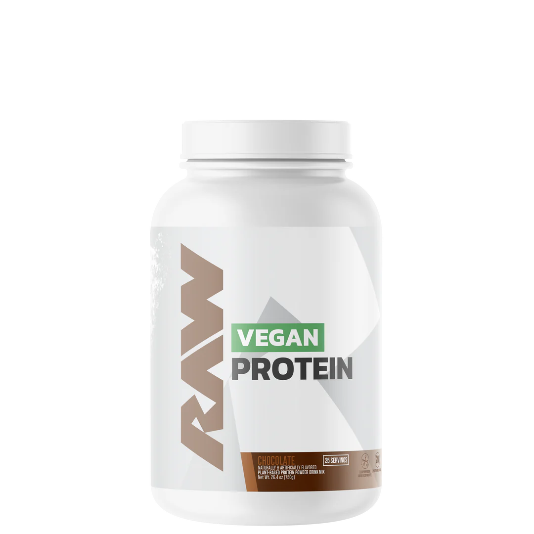 A container of RAW Vegan Protein powder with a pink label on a white background.