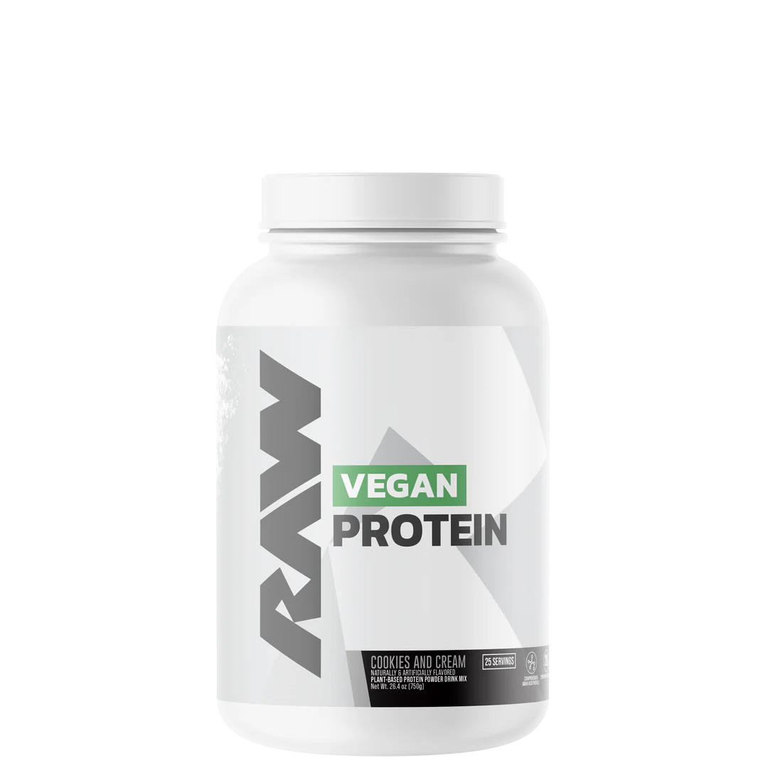 A container of RAW Vegan Protein powder with a pink label on a white background.