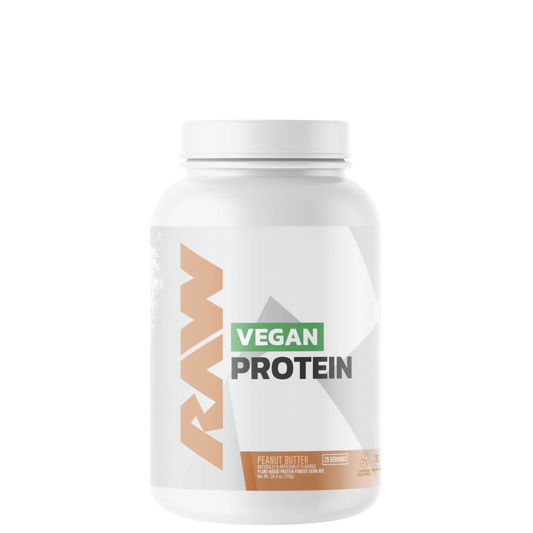 A container of RAW Vegan Protein powder with a pink label on a white background.