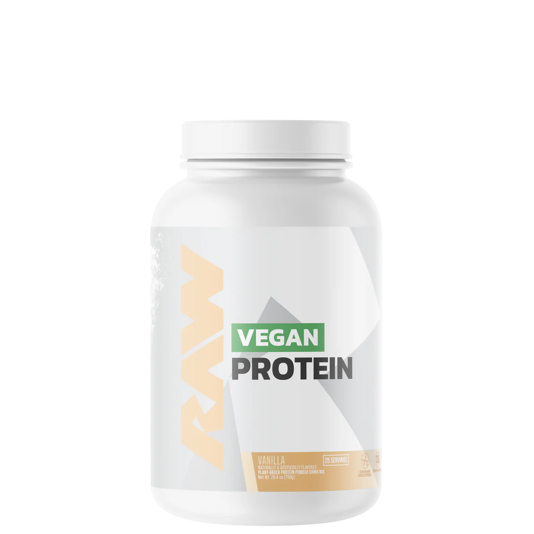 A container of RAW Vegan Protein powder with a pink label on a white background.