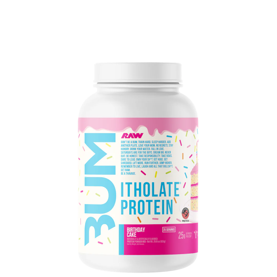 A container of CBUM Itholate Protein powder with a colorful label featuring graphics and text.