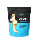 A sealed pouch of Legion Casein+ Casein Protein Powder, with a chocolate flavor illustration and no artificial sweeteners or flavors text on the package.