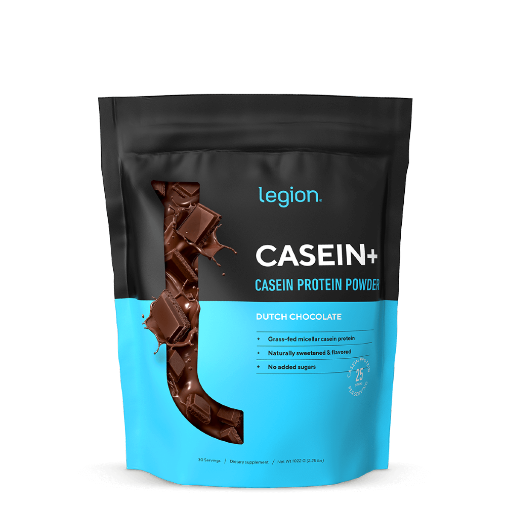 A sealed pouch of Legion Casein+ Casein Protein Powder, with a chocolate flavor illustration and no artificial sweeteners or flavors text on the package.