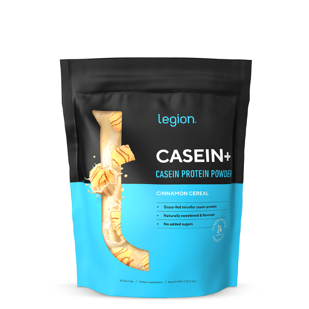 A sealed pouch of Legion Casein+ Casein Protein Powder, with a chocolate flavor illustration and no artificial sweeteners or flavors text on the package.