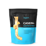 A sealed pouch of Legion Casein+ Casein Protein Powder, with a chocolate flavor illustration and no artificial sweeteners or flavors text on the package.