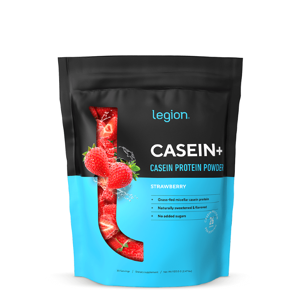 A sealed pouch of Legion Casein+ Casein Protein Powder, with a chocolate flavor illustration and no artificial sweeteners or flavors text on the package.