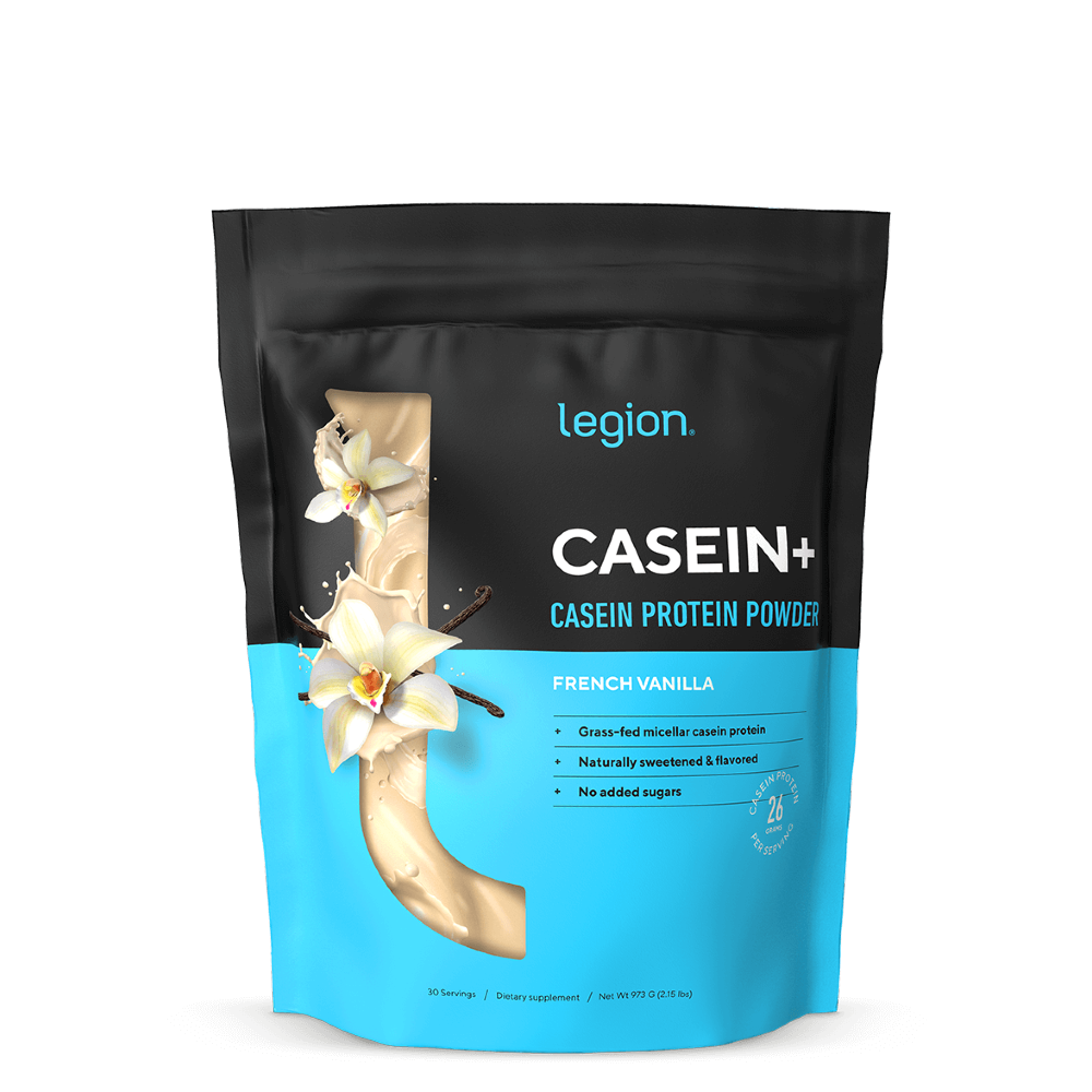 A sealed pouch of Legion Casein+ Casein Protein Powder, with a vanilla flavor illustration and no artificial sweeteners or flavors text on the package.