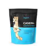 A sealed pouch of Legion Casein+ Casein Protein Powder, with a vanilla flavor illustration and no artificial sweeteners or flavors text on the package.
