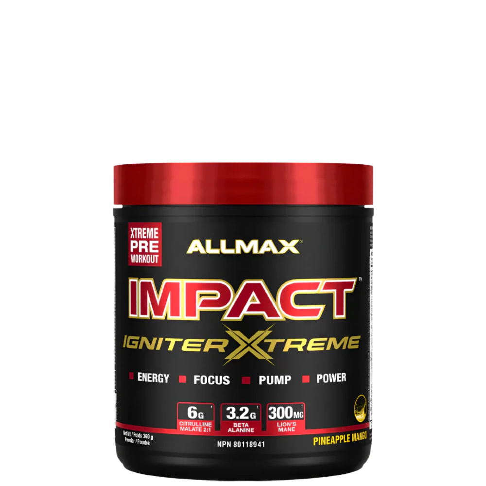 A container of Allmax Impact Igniter Xtreme pre-workout supplement with red and black color scheme and product information.