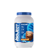A container of Isoject Whey Protein Isolate by Evogen with the label showing the product name, brand, flavor as birthday cake, and additional health and fitness-related claims.