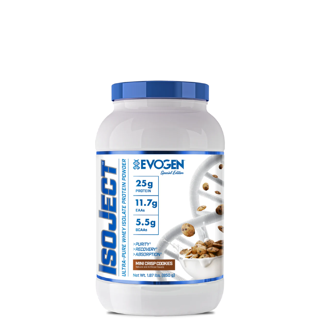 A container of Isoject Whey Protein Isolate by Evogen with the label showing the product name, brand, flavor as birthday cake, and additional health and fitness-related claims.