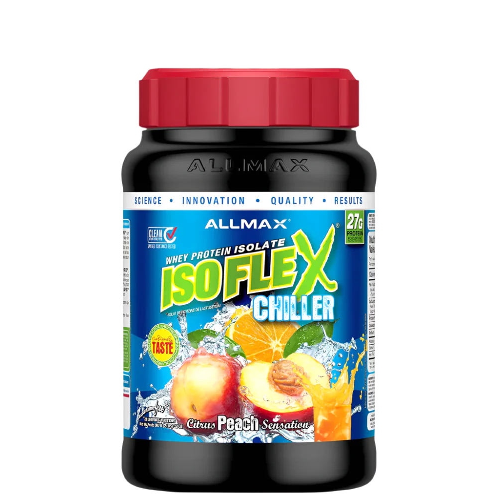 A container of Allmax ISOFLEX Chiller, a clear liquid protein drink, with peach flavor.