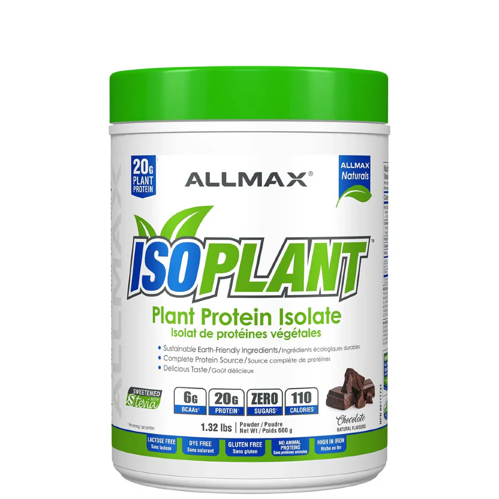 A package of ALLMAX ISOPLANT Plant Protein Isolate in chocolate flavor, highlighting 20 grams of plant protein, 6 grams of net carbs, and zero grams of fat per serving.