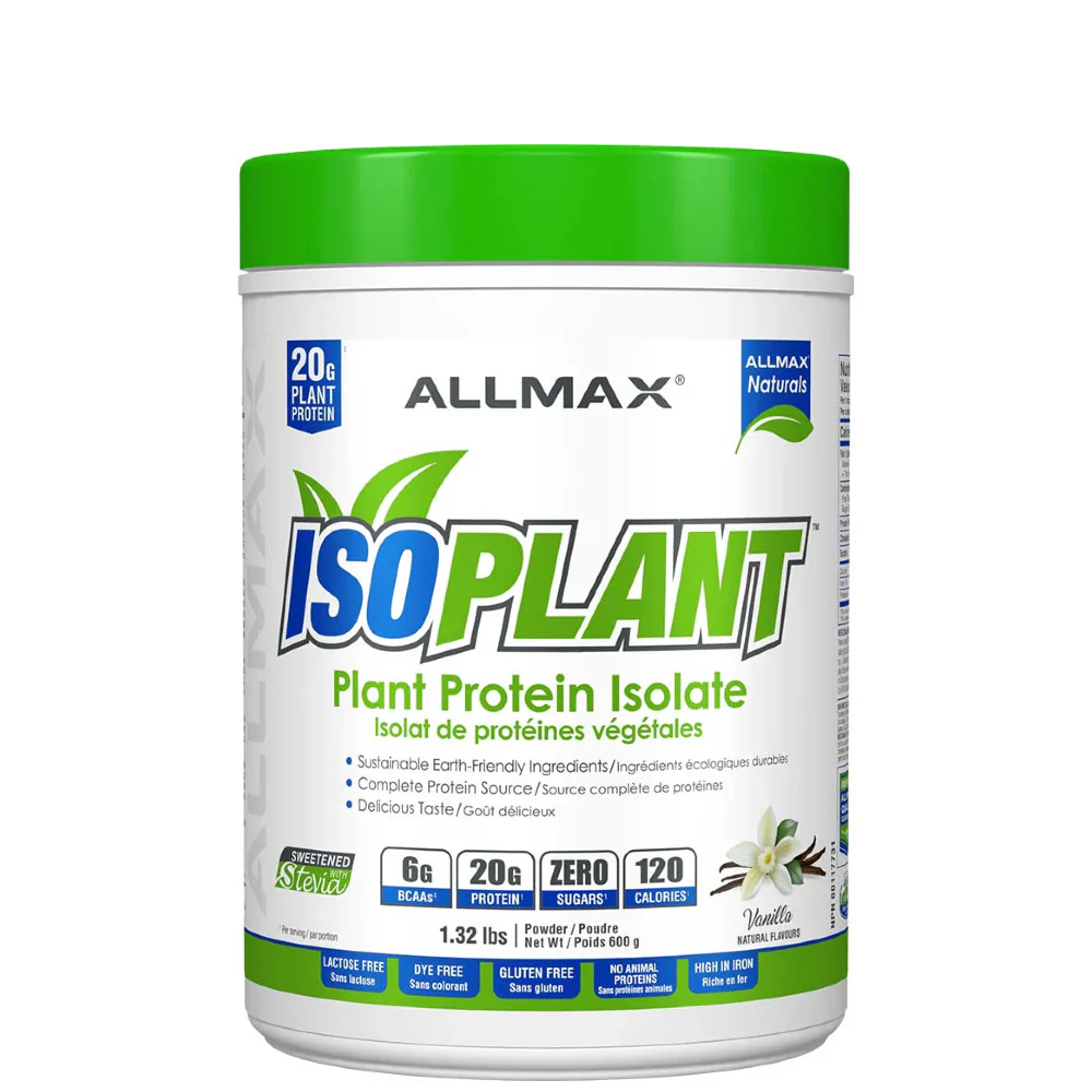 A package of ALLMAX ISOPLANT Plant Protein Isolate in chocolate flavor, highlighting 20 grams of plant protein, 6 grams of net carbs, and zero grams of fat per serving.