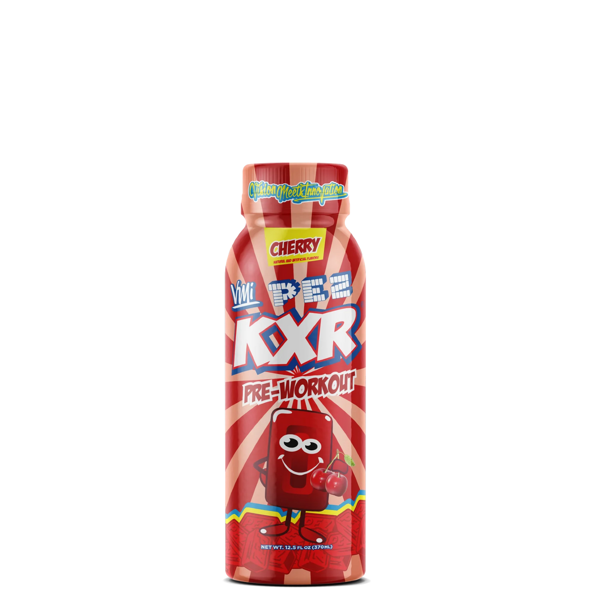 A bottle of KXR x PEZ Pre-Workout RTD with a cherry flavor, featuring a cartoon character design on the label.