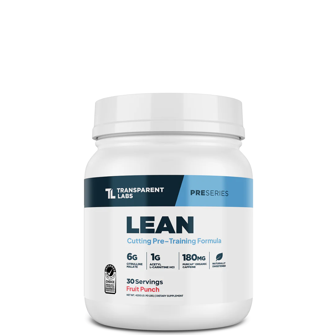 A container of Transparent Labs LEAN Cutting Pre-Training Formula in blue raspberry flavor.