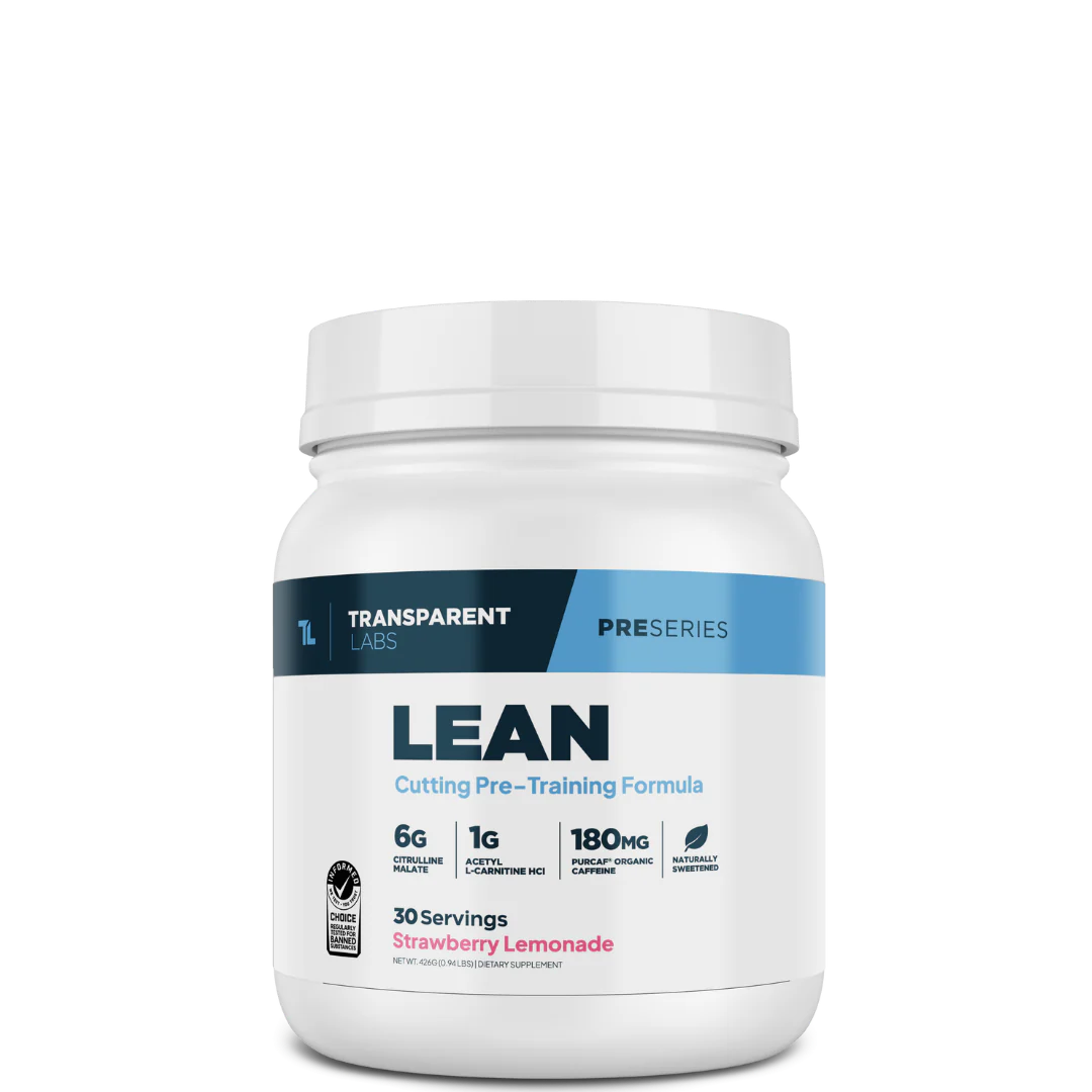 A container of Transparent Labs LEAN Cutting Pre-Training Formula in blue raspberry flavor.