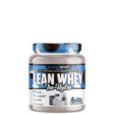 A container of Muscle Sport Lean Whey Iso Hydro Gourmet Protein powder with a purple lid and a label showing the product name and flavor, along with nutritional information.
