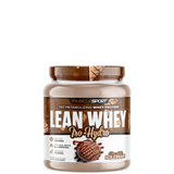 A container of Muscle Sport Lean Whey Iso Hydro Gourmet Protein powder with a purple lid and a label showing the product name and flavor, along with nutritional information.