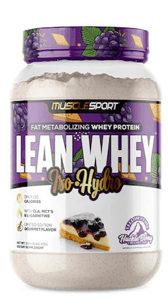 Container of Muscle Sport Lean Whey Pro-Hydri protein powder with a purple label.