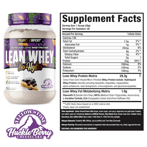 A container of MuscleSport's Lean Whey Iso Hydro Gourmet Protein powder in strawberry ice cream flavor.