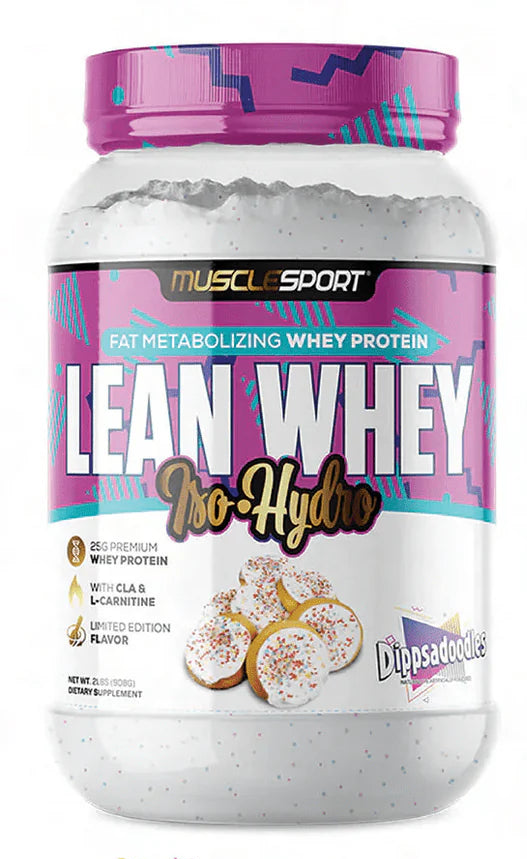 Muscle Sport Lean Whey Iso Hydro protein powder container with colorful design