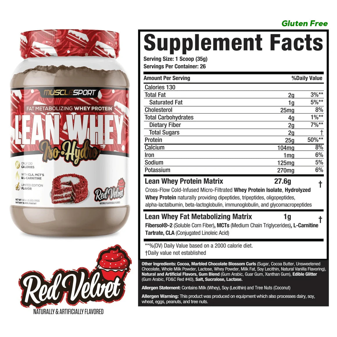A container of MuscleSport's Lean Whey Iso Hydro Gourmet Protein powder in strawberry ice cream flavor.